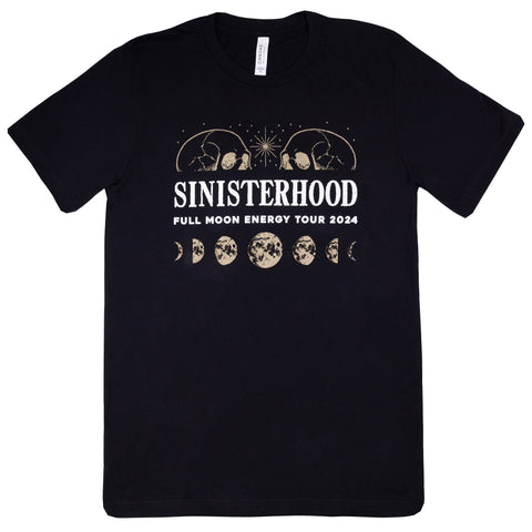 Black tee with graphic of Skulls and moon phases with text "SINISTERHOOD FULL MOON ENERGY TOUR 2024"